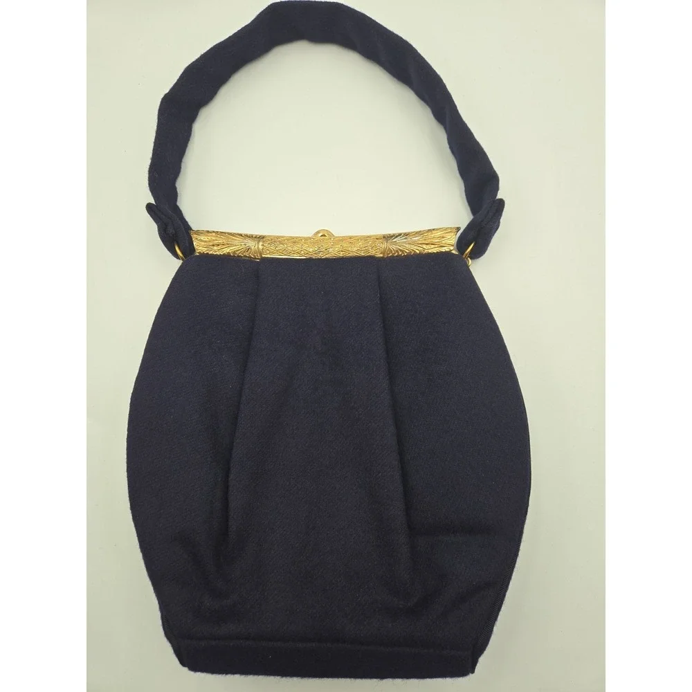 Vintage MCM 1950s Handbags By‎ G.D.K. Ornate Jeweled Frame Clasp Navy Wool